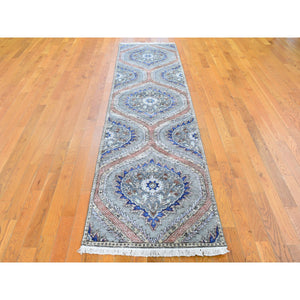 2'6"x10' Gray Real Silk With Textured Wool Mughal Design Hand Knotted Runner Oriental Rug FWR357420