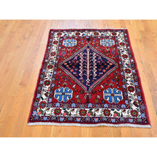 Load image into Gallery viewer, 3&#39;6&quot;x4&#39;9&quot; New Persian Shiraz Serrated Medallion, Birds, Pure Wool Hand Knotted Oriental Rug FWR357756