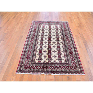 4'6"x7' New Turkoman Bokara Repetitive Design Pure Wool Hand Knotted Oriental Rug FWR357816