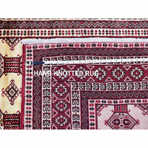 4'6"x7' New Turkoman Bokara Repetitive Design Pure Wool Hand Knotted Oriental Rug FWR357816