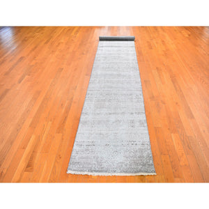 2'7"x14' Seafoam Green Tone On Tone Wool And Silk Broken Persian Design Hand Knotted Runner Oriental Rug FWR358230