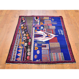 3'x4'10" Pictorial Afghan Baluch With Cars And Buildings Natural Wool Hand Knotted Oriental Rug FWR358272