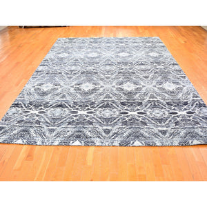 8'8"x12'1" Real Pure Silk Charcoal Black Transitional Design Hand Knotted Oriental Rug FWR358332