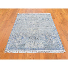 Load image into Gallery viewer, 4&#39;x6&#39; Blue Pure Silk With Textured Wool Distressed Oushak Hand Knotted Oriental Rug FWR358500