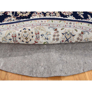 6'x6' Midnight Blue Nain With Center Medallion Flower Design Pure Wool 250 Kpsi Hand Knotted Round Oriental Rug FWR359958