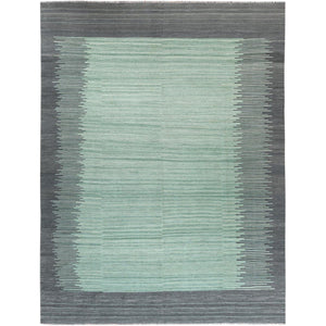 9'2"x12' Light Green With Nomadic Design Flat Weave Kilim Organic Wool Reversible Hand Woven Oriental Rug FWR360138