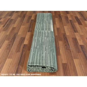 12'6"x15' Light Green Hand Woven Nomadic Stripe Design Flat Weave Kilim Pure Wool Reversible Oriental Oversize Rug FWR360204