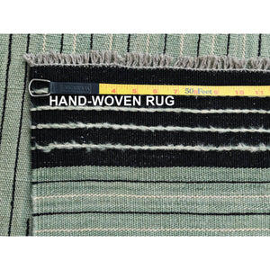 12'6"x15' Light Green Hand Woven Nomadic Stripe Design Flat Weave Kilim Pure Wool Reversible Oriental Oversize Rug FWR360204