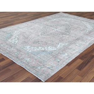 6'8"x9'8" Red Clean Pure Wool Shabby Chic Worn Down Old Persian Tabriz Medallion Design Distressed Hand Knotted Oriental Rug FWR361098