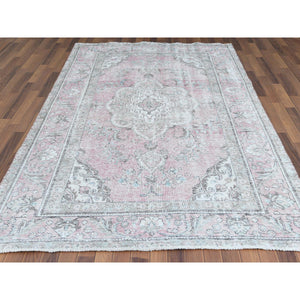 6'4"x9'6" Red Clean Natural Wool Bohemian Distressed Old Persian Tabriz Medallion Design Hand Knotted Oriental Rug FWR361122
