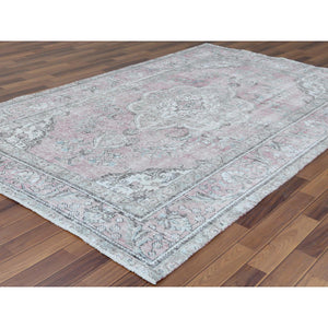 6'4"x9'6" Red Clean Natural Wool Bohemian Distressed Old Persian Tabriz Medallion Design Hand Knotted Oriental Rug FWR361122