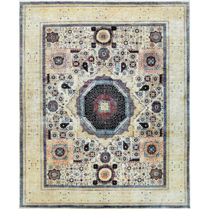11'9"x14'3" Oversized Ivory Shiny Wool Super Fine Peshawar Mamluk Design with Denser Weave Even Pile Hand Knotted Oriental Rug FWR361692