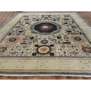 11'9"x14'3" Oversized Ivory Shiny Wool Super Fine Peshawar Mamluk Design with Denser Weave Even Pile Hand Knotted Oriental Rug FWR361692