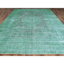 Load image into Gallery viewer, 9&#39;7&quot;x12&#39;5&quot; Hand Knotted Shades of Light Green Overdyed Clean Distressed Vintage Persian Kerman Organic Wool Oriental Rug FWR361830