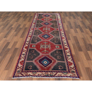3'9"x10'9" Semi Antique Red Northwest Persian Heriz With Geometric Design Cropped Thin Pile Clean Hand Knotted Pure Wool Oriental Runner Rug FWR363060