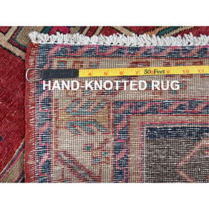 3'9"x10'9" Semi Antique Red Northwest Persian Heriz With Geometric Design Cropped Thin Pile Clean Hand Knotted Pure Wool Oriental Runner Rug FWR363060