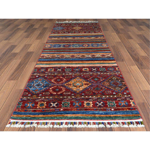 2'8"x8'1" Red Super Kazak Khorjin Design With Colorful Tassles Soft Velvety Wool Hand Knotted Oriental Runner Rug FWR365082