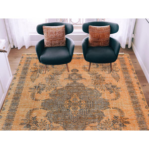6'1"x9'6" Semi Antique Orange Cast Persian Tabriz With Open Field Design Hand Knotted Distressed Look Clean Organic Wool Oriental Rug FWR365442