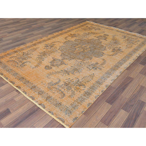 6'1"x9'6" Semi Antique Orange Cast Persian Tabriz With Open Field Design Hand Knotted Distressed Look Clean Organic Wool Oriental Rug FWR365442
