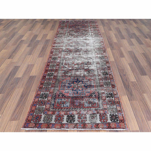 3'2"x9'5" Vintage Red Northwest Persian Distressed Pure Wool Hand Knotted Clean Oriental Runner Rug FWR365676