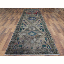 Load image into Gallery viewer, 3&#39;8&quot;x11&#39;2&quot; Semi Antique Worn Down Persian Hamadan With Earth Tone Colors Clean Abrash Organic Wool Distressed Hand Knotted Wide Runner Oriental Rug FWR366072