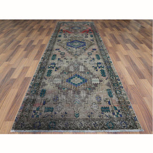 3'8"x11'2" Semi Antique Worn Down Persian Hamadan With Earth Tone Colors Clean Abrash Organic Wool Distressed Hand Knotted Wide Runner Oriental Rug FWR366072