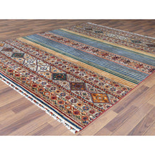 Load image into Gallery viewer, 8&#39;5&quot;x10&quot; Hand Knotted Taupe Super Kazak With Colorful Tassels Khorjin Design Natural Wool Oriental Rug FWR366774