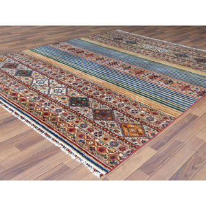 8'5"x10" Hand Knotted Taupe Super Kazak With Colorful Tassels Khorjin Design Natural Wool Oriental Rug FWR366774