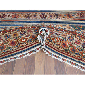8'5"x10" Hand Knotted Taupe Super Kazak With Colorful Tassels Khorjin Design Natural Wool Oriental Rug FWR366774