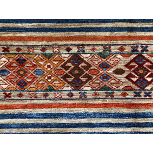 8'5"x10" Hand Knotted Taupe Super Kazak With Colorful Tassels Khorjin Design Natural Wool Oriental Rug FWR366774