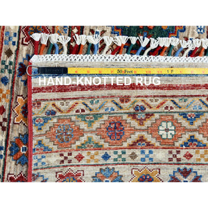 8'5"x10" Hand Knotted Taupe Super Kazak With Colorful Tassels Khorjin Design Natural Wool Oriental Rug FWR366774