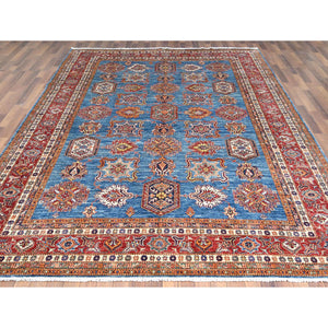 9'2"x11'10" Denim Blue Caucasian Design Super Kazak Soft Organic Wool Hand Knotted Oriental Rug FWR366882