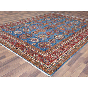 9'2"x11'10" Denim Blue Caucasian Design Super Kazak Soft Organic Wool Hand Knotted Oriental Rug FWR366882