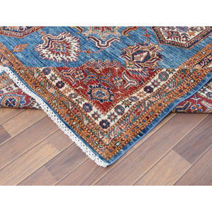 9'2"x11'10" Denim Blue Caucasian Design Super Kazak Soft Organic Wool Hand Knotted Oriental Rug FWR366882