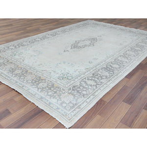 6'9"x10'10" Bohemian Distressed Hand Knotted Washed Out Gray Organic Wool Worn Down Clean Persian Kerman Old Oriental Rug FWR368028