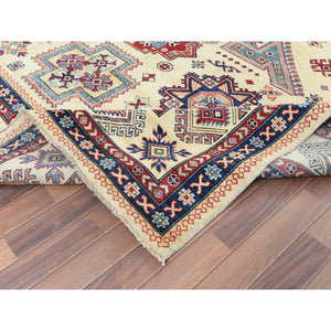 9'1"x11'7" Hand Knotted, Ivory, Caucasian Design, Afghan Special Kazak With Soft Colors, Natural Wool, Oriental Rug FWR369192