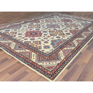 9'10"x13'8" Ivory, Afghan Special Kazak With Geometric Caucasian Design, Extra Soft Wool, Hand Knotted, Oriental Rug FWR369216