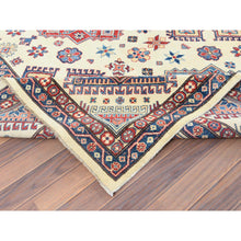 Load image into Gallery viewer, 9&#39;10&quot;x13&#39;8&quot; Ivory, Afghan Special Kazak With Geometric Caucasian Design, Extra Soft Wool, Hand Knotted, Oriental Rug FWR369216