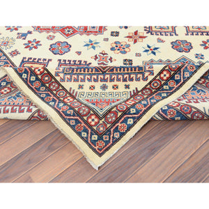 9'10"x13'8" Ivory, Afghan Special Kazak With Geometric Caucasian Design, Extra Soft Wool, Hand Knotted, Oriental Rug FWR369216
