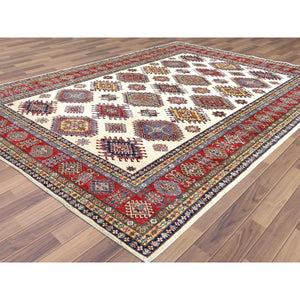 8'8"x11'10" Hand Knotted Ivory Afghan Super Kazak With Geometric Design Shiny Wool Oriental Rug FWR369912