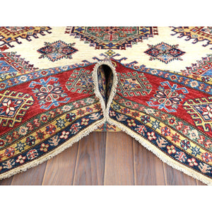 8'8"x11'10" Hand Knotted Ivory Afghan Super Kazak With Geometric Design Shiny Wool Oriental Rug FWR369912