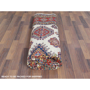 8'8"x11'10" Hand Knotted Ivory Afghan Super Kazak With Geometric Design Shiny Wool Oriental Rug FWR369912