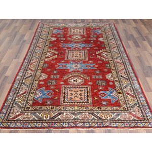 6'x9' Hand Knotted Rich Red Afghan Super Kazak With Large Medallions Design Pure Wool Oriental Rug FWR369942