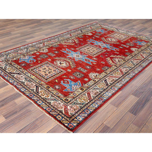 6'x9' Hand Knotted Rich Red Afghan Super Kazak With Large Medallions Design Pure Wool Oriental Rug FWR369942