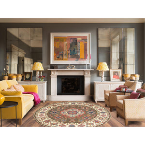 8'x8' Taupe, Afghan Special Kazak With Caucasian Star Design, Hand Knotted, Round, Natural Wool, Oriental Rug FWR370068