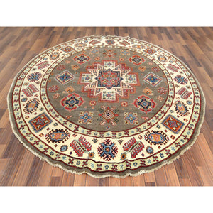 8'x8' Taupe, Afghan Special Kazak With Caucasian Star Design, Hand Knotted, Round, Natural Wool, Oriental Rug FWR370068
