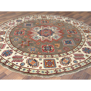 8'x8' Taupe, Afghan Special Kazak With Caucasian Star Design, Hand Knotted, Round, Natural Wool, Oriental Rug FWR370068