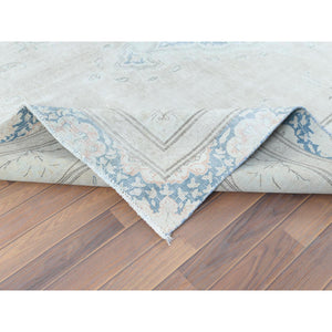 8'3"x11'1" Hand Knotted, Ivory, Vintage, Persian Kerman, Distressed Look, Worn Wool, Shaved Down, Oriental Rug FWR370248