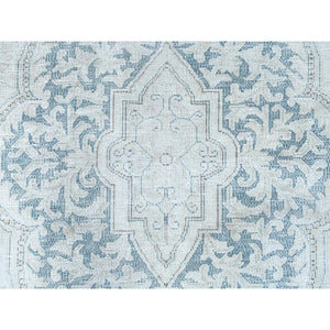 8'3"x11'1" Hand Knotted, Ivory, Vintage, Persian Kerman, Distressed Look, Worn Wool, Shaved Down, Oriental Rug FWR370248