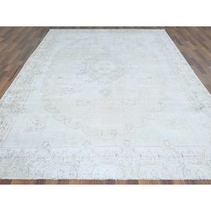 8'8"x12' Cropped Thin, Hand Knotted, Ivory, Vintage Persian Kerman, Distressed Look, Worn Wool, Oriental Rug FWR370404